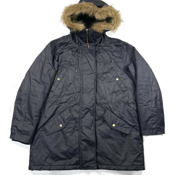 J Crew Perfect Winter Parka Womens XL Blue Eco-Friendly Primaloft Faux Fur Hood - Picture 9 of 16